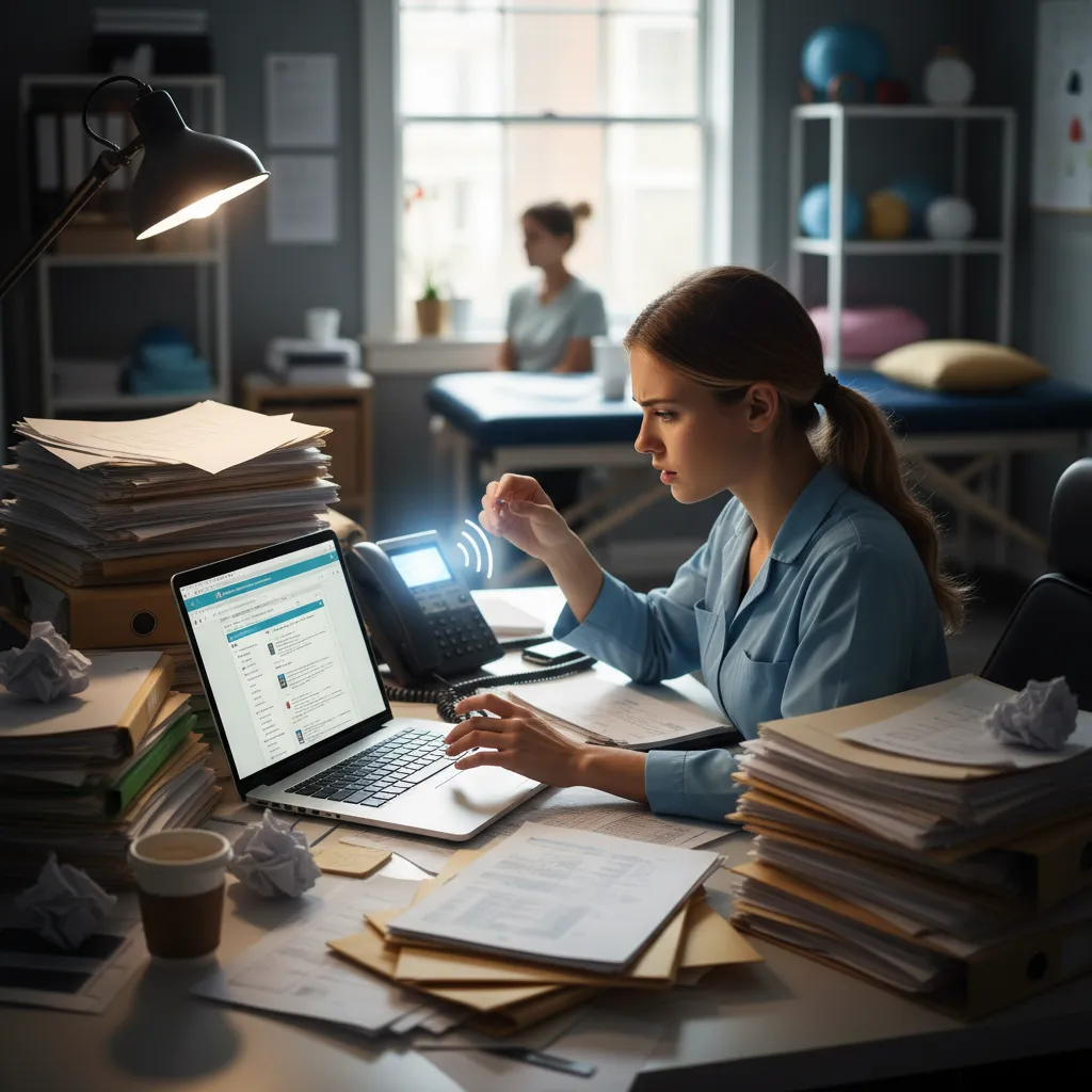 A physiotherapist surrounded by paperwork, a ringing phone, and a laptop with open tabs, visually representing overwhelming administrative tasks. The scene is dynamic, with a sense of busyness and mild stress.