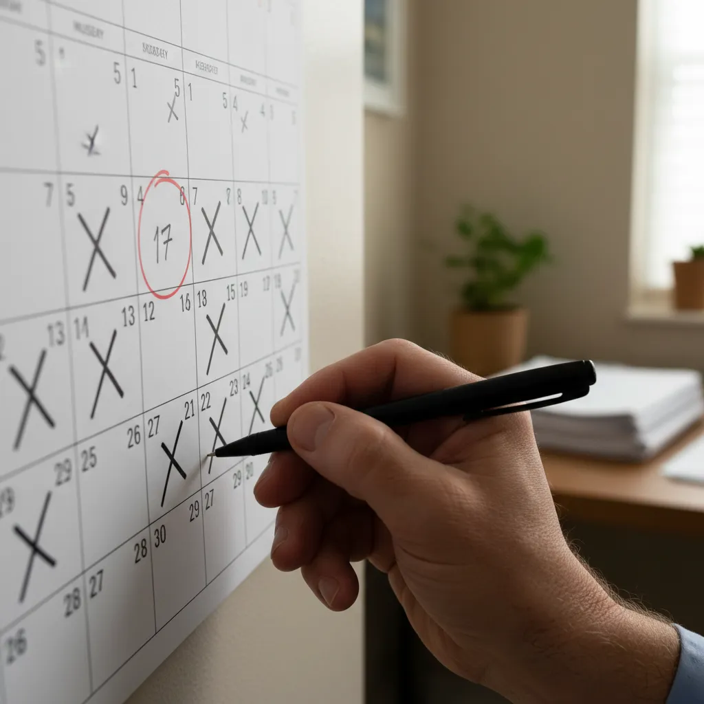 A close-up of a paper calendar with several missed appointment marks, a red circle around a date, and a physiotherapist's hand holding a pen, conveying the frustration of high no-show rates. The background is a softly lit clinic office.
