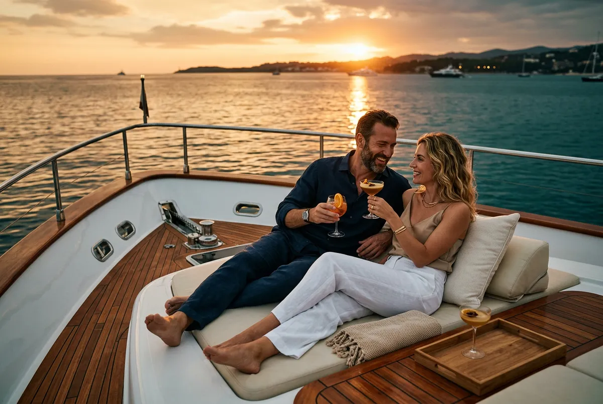Couple relaxing on a private yacht deck at sunset