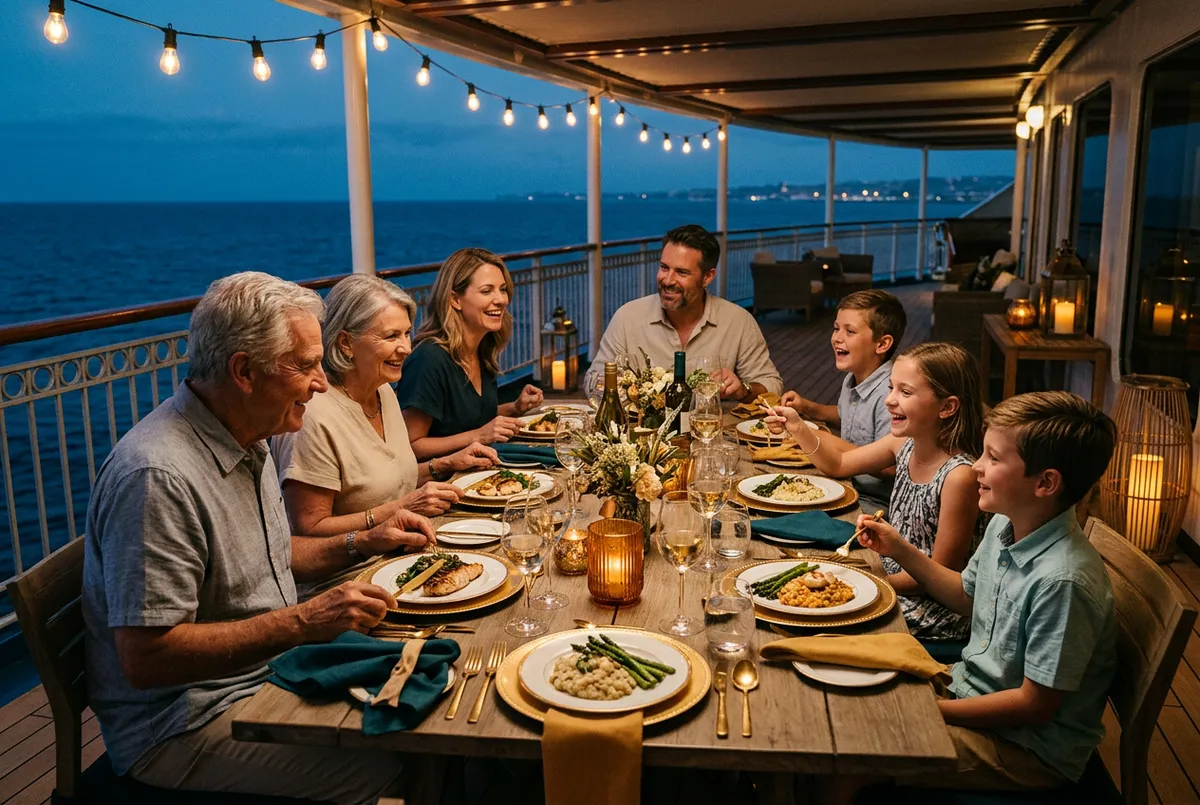Three generations enjoying dinner together on an open-air cruise veranda