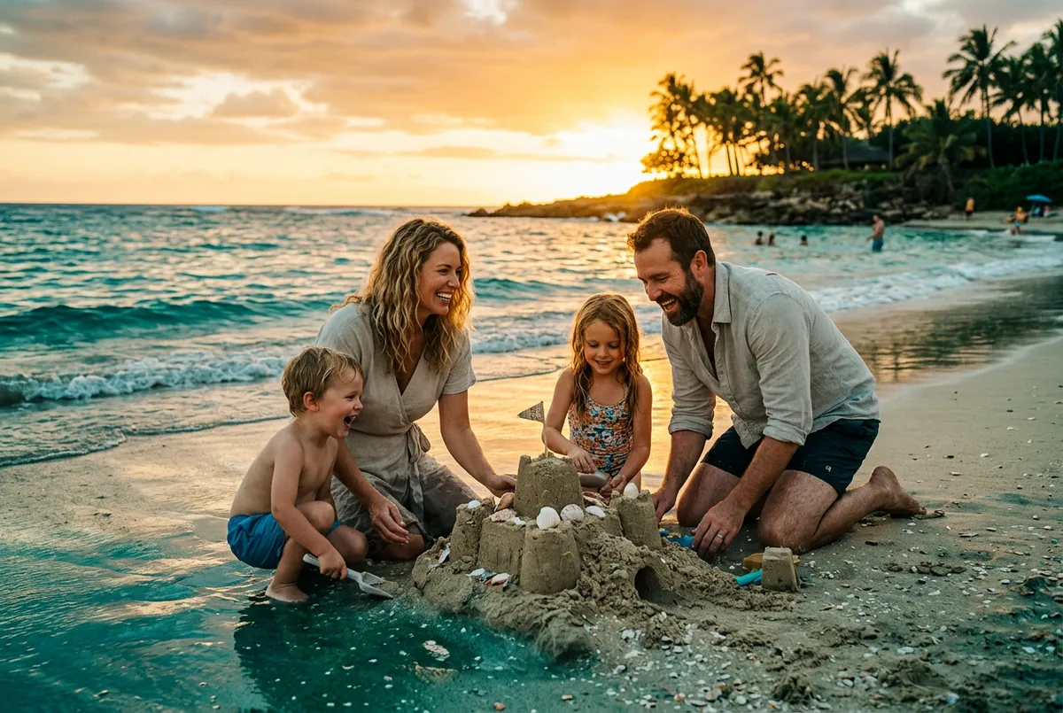 Joyful parents with children exploring a tropical beach with turquoise water