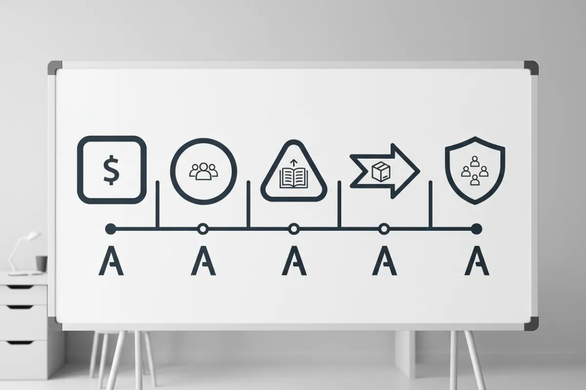 Minimalistic infographic-style whiteboard with labeled steps: pricing, capacity, enrollment, delivery, team.