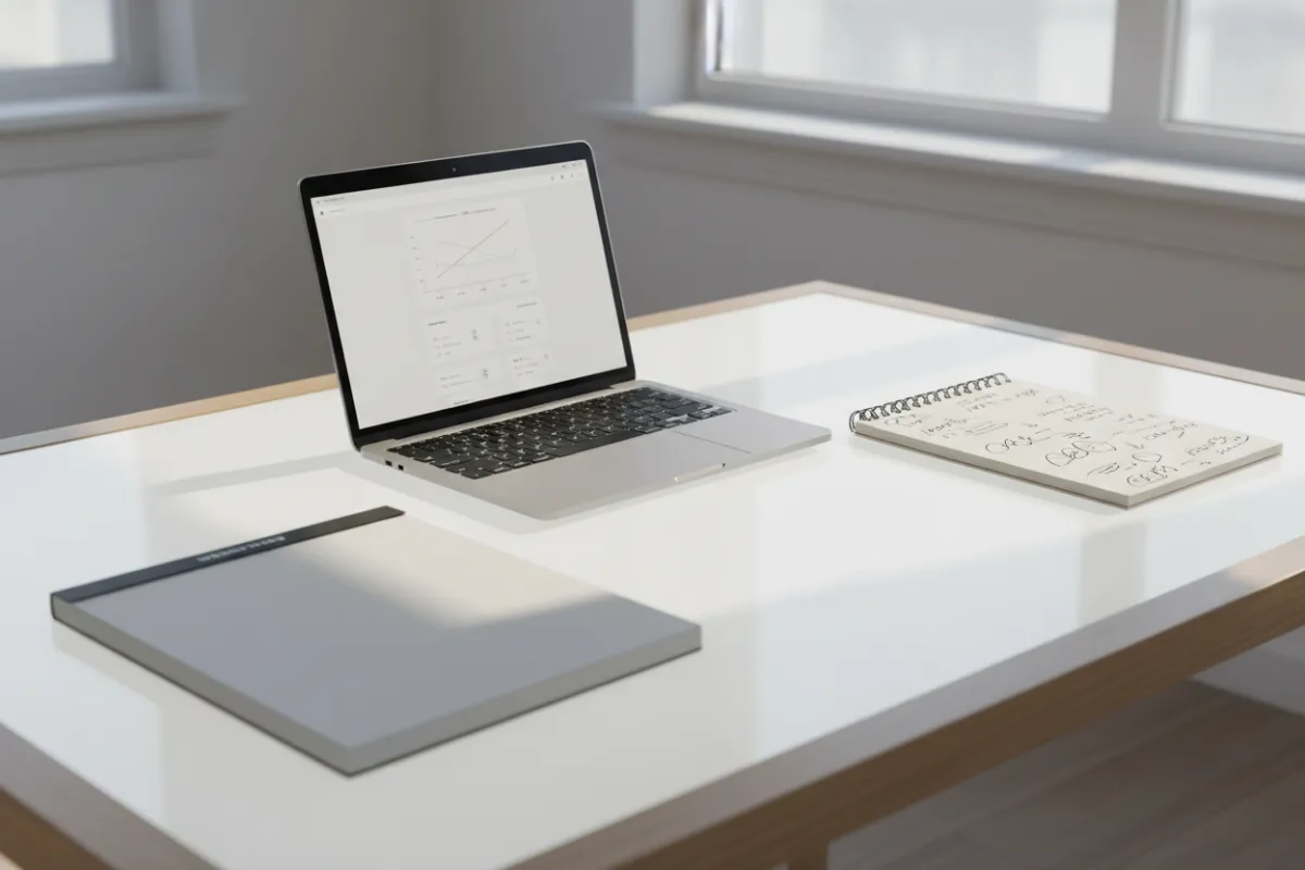 Coaching artifacts on a light table: planner, laptop dashboard, and notebook with handwritten notes.