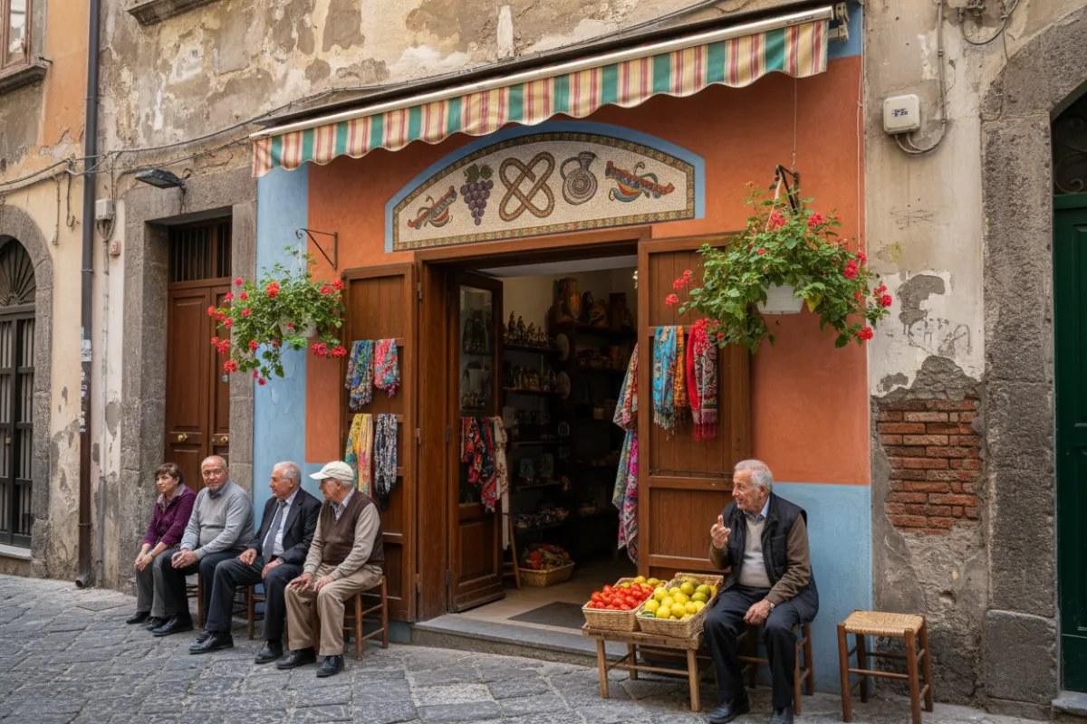 Artisan shop facade in Naples with colorful signage and local textures.