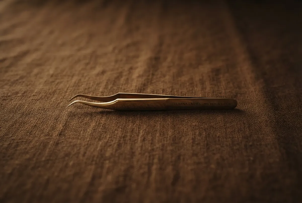 Gold plated precision isolation tweezers arranged on linen