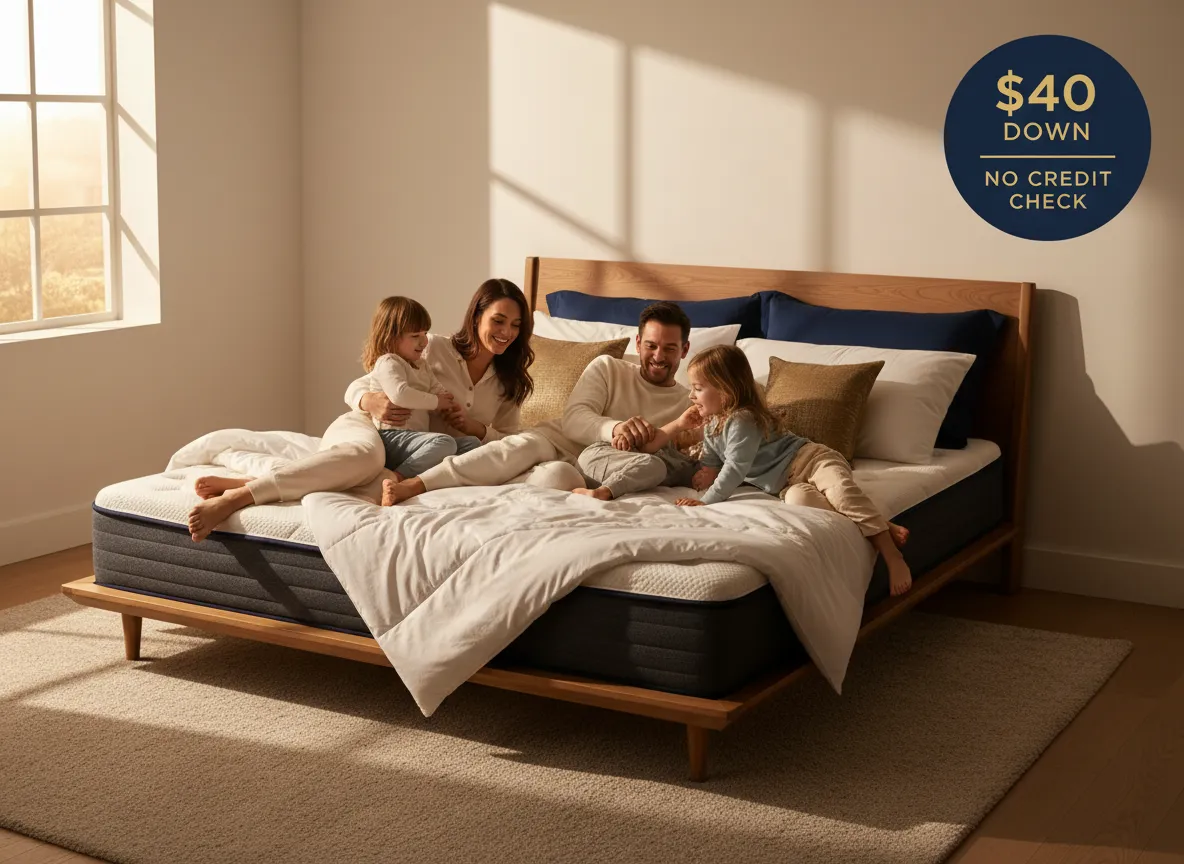 Happy family relaxing on a new mattress in a cozy bedroom