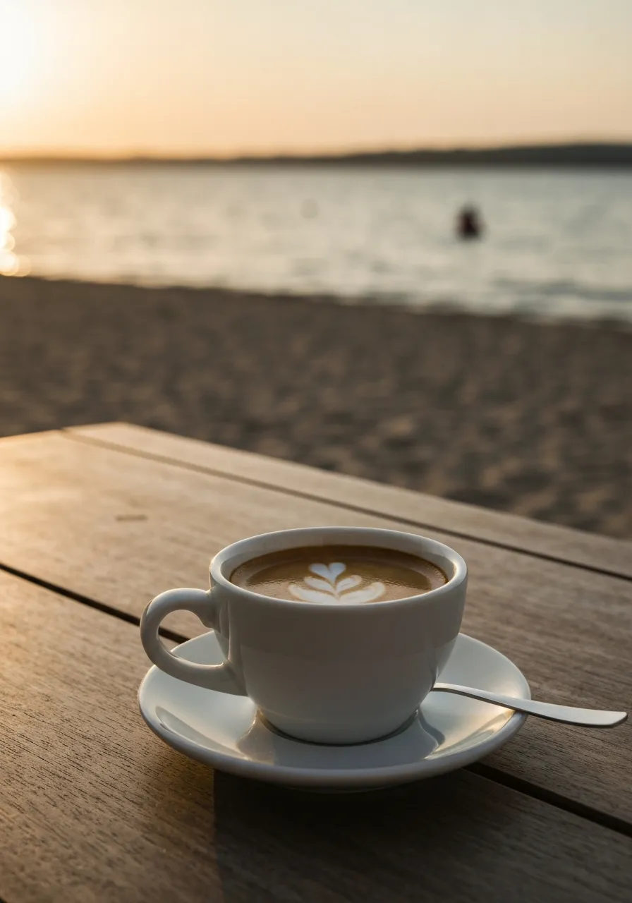 Espresso am Strand als Symbol für entspanntes Arbeiten im Sommer