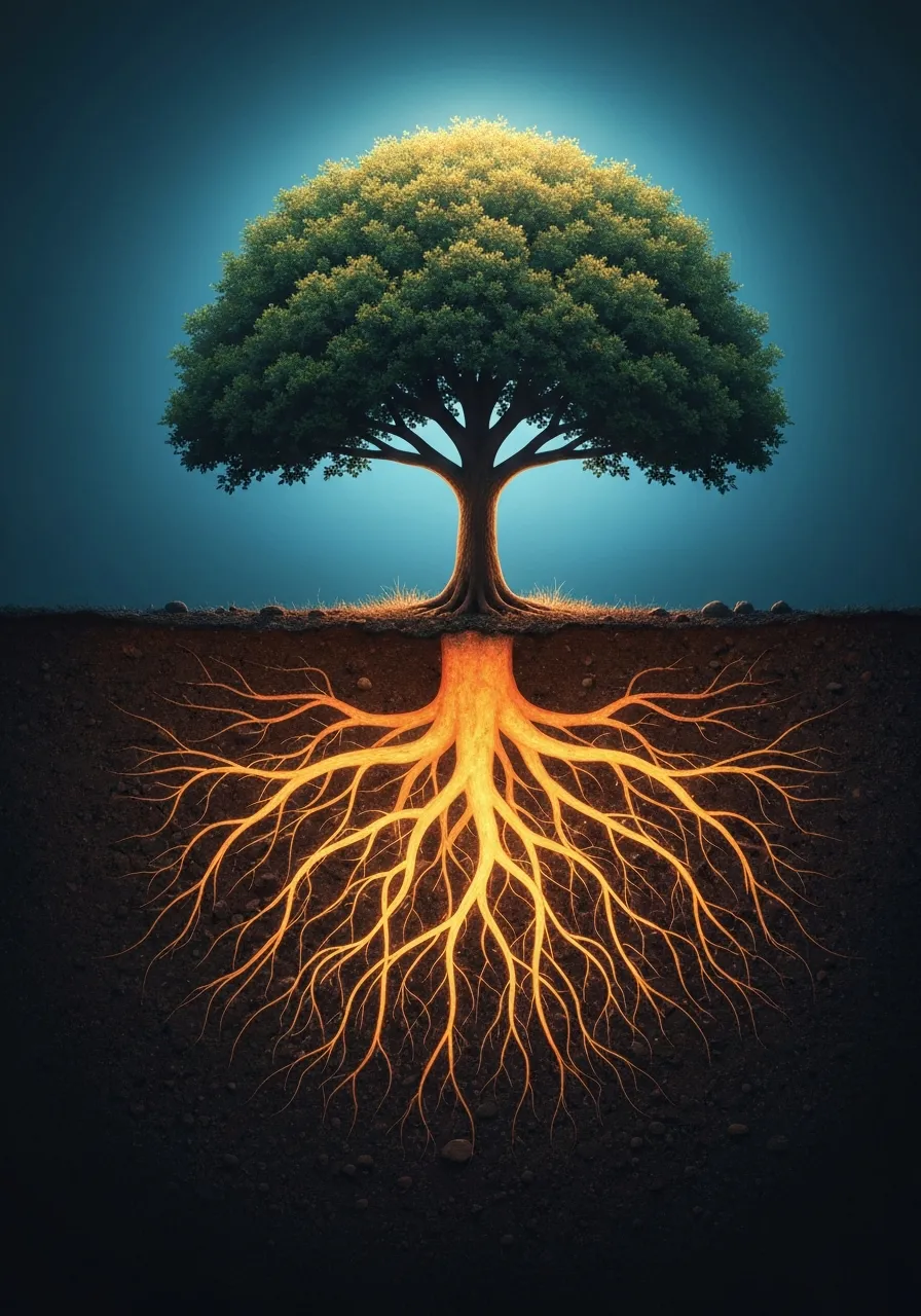 Baum mit tiefen Wurzeln als Symbol für das notwendige KI-Fundament