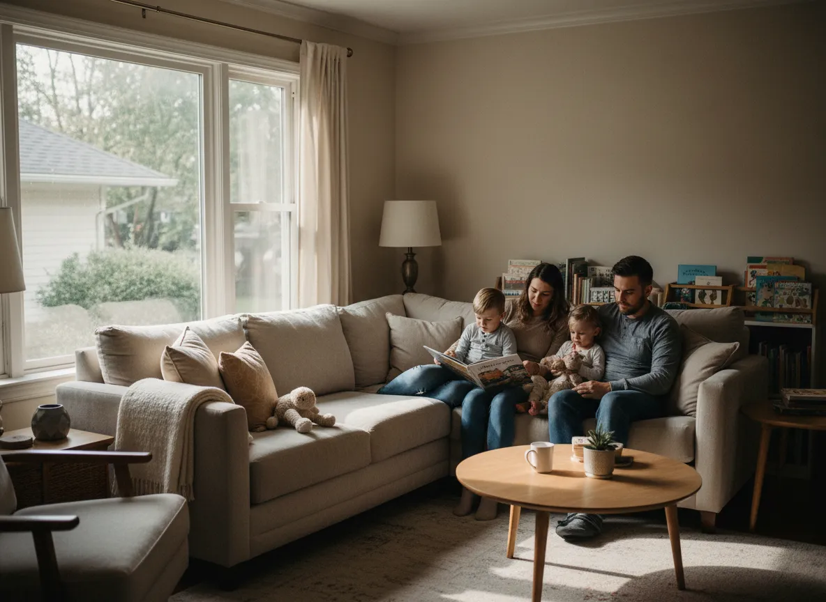 Warm, tidy family living room with parents and kids relaxing together
