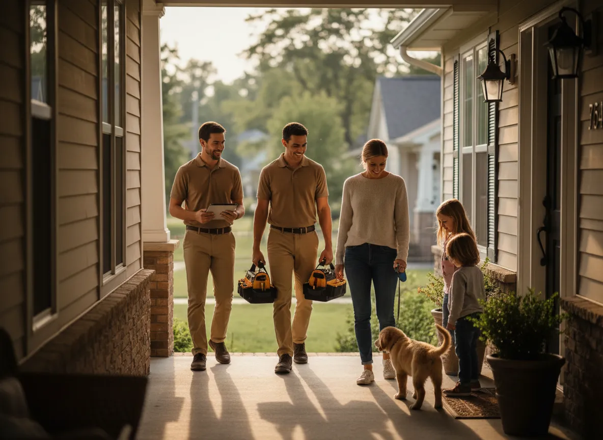 Professional home services team warmly greeting a family at their front door