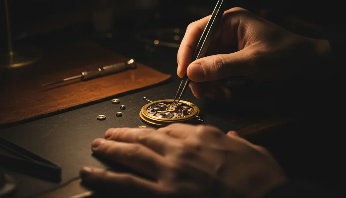 Uhrmacherwerkzeug an einem mechanischen Uhrwerk in der Werkstatt