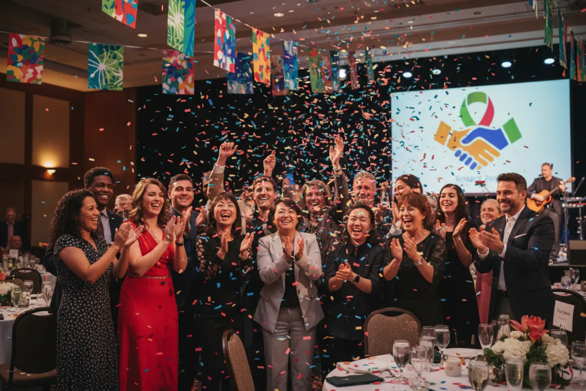 Non-profit leaders shaking hands with E + E event planners in a modern office