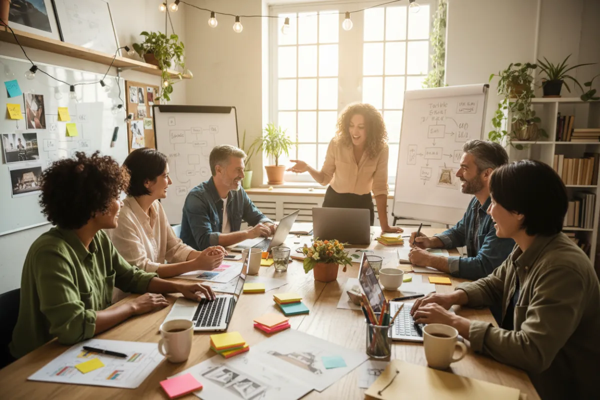 E + E team collaborating in a creative workspace with event materials