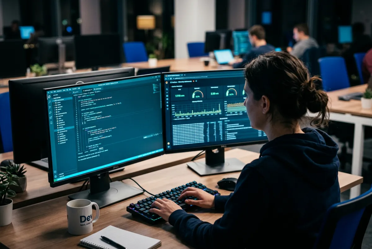 Software developer analyzing high-throughput cloud codebase and modern telemetry screens