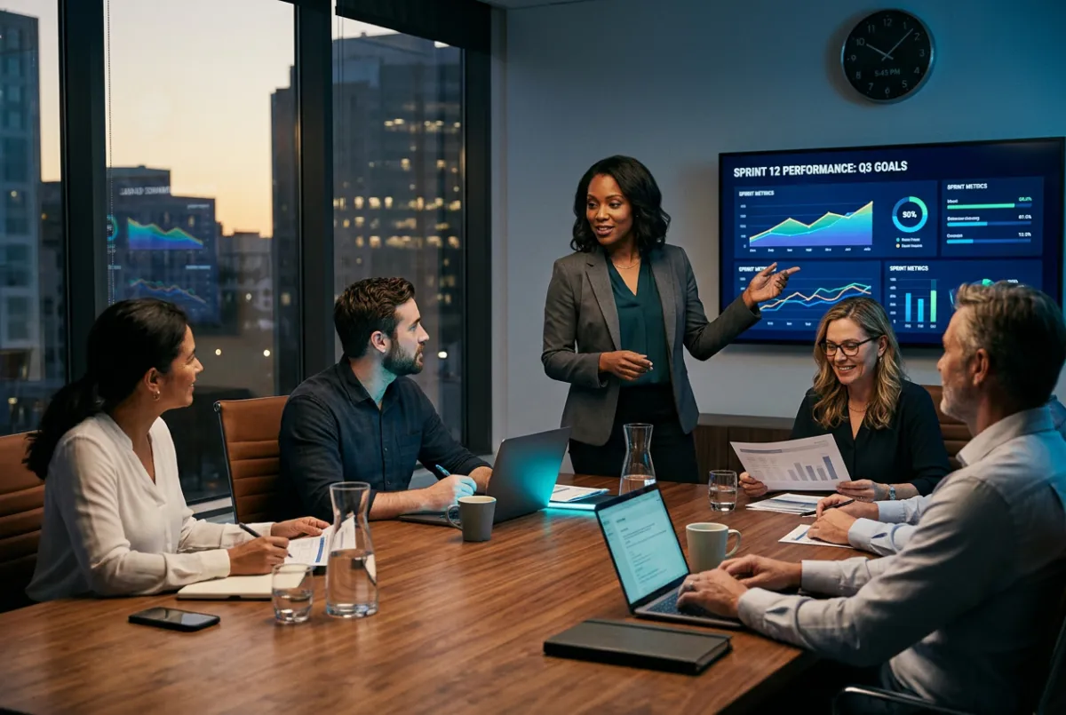 Tech professional leading product sprint review with clear metrics on display
