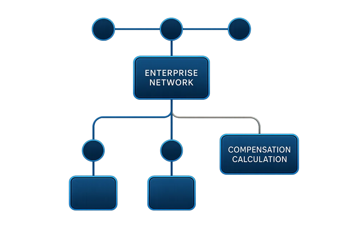 Architectural 3D schematic of enterprise network tree nodes and automated compensation calculation engine