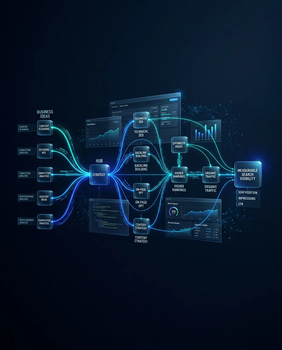 Visual diagram representing technical software development and search visibility integration