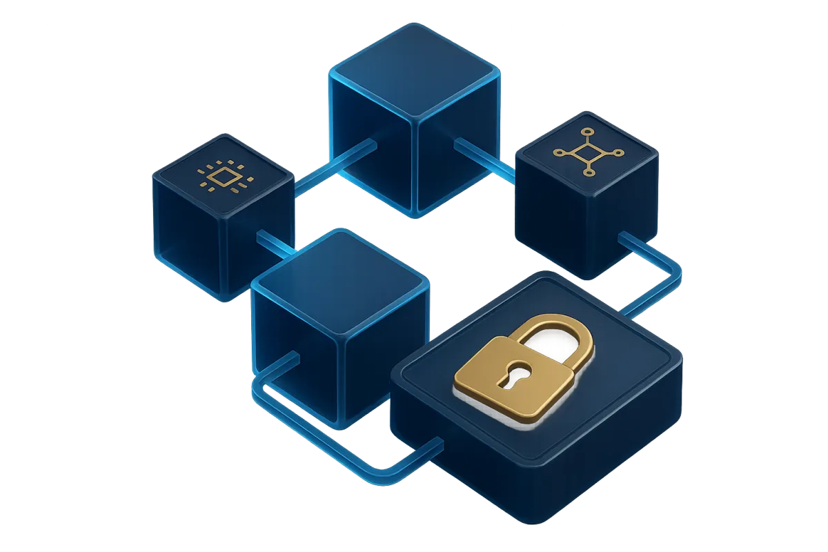 Abstract 3D architectural visualization of enterprise cryptographic smart contracts and high-security blockchain modules