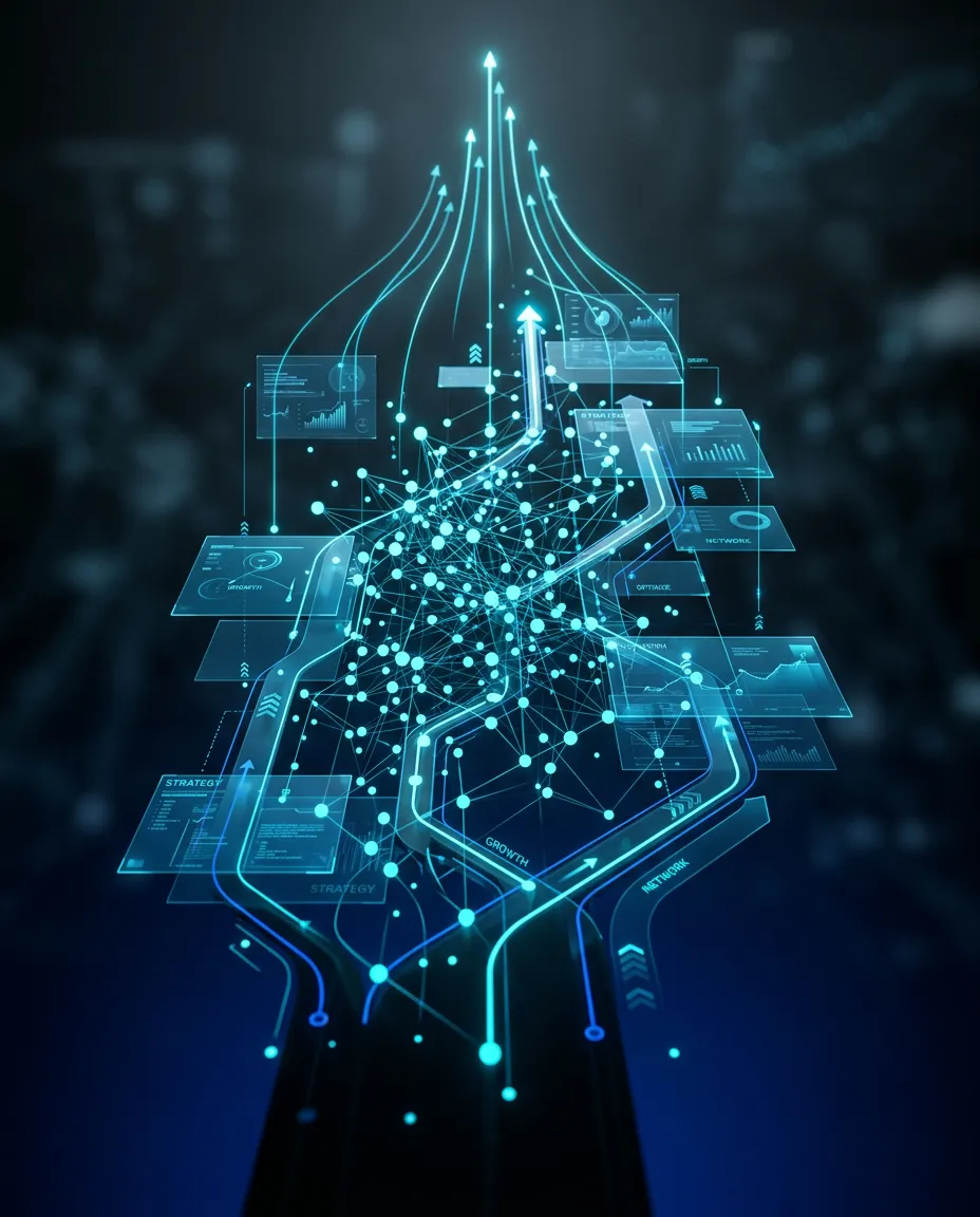 Abstract enterprise technology strategy, cloud architecture, and growth telemetry visualization