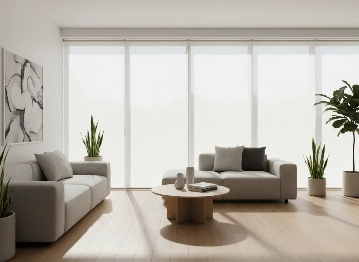 Light-filtering blinds in a modern living room