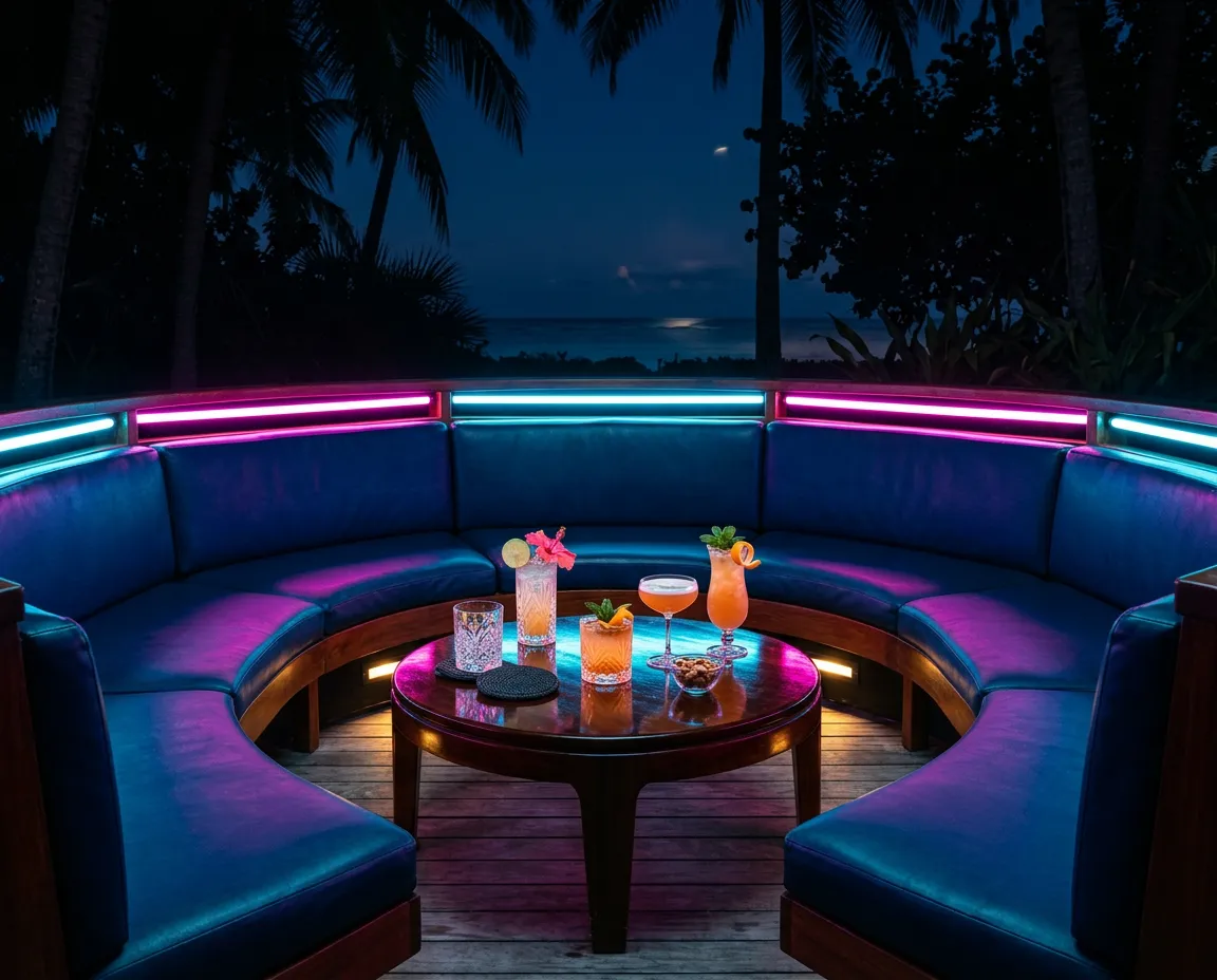 Exclusive private nightlife celebration with ambient neon illumination and handcrafted tropical cocktails