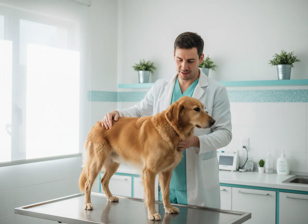 Veterinario especialista en dermatología atendiendo a un perro en Clínica Veterinaria Pocitos