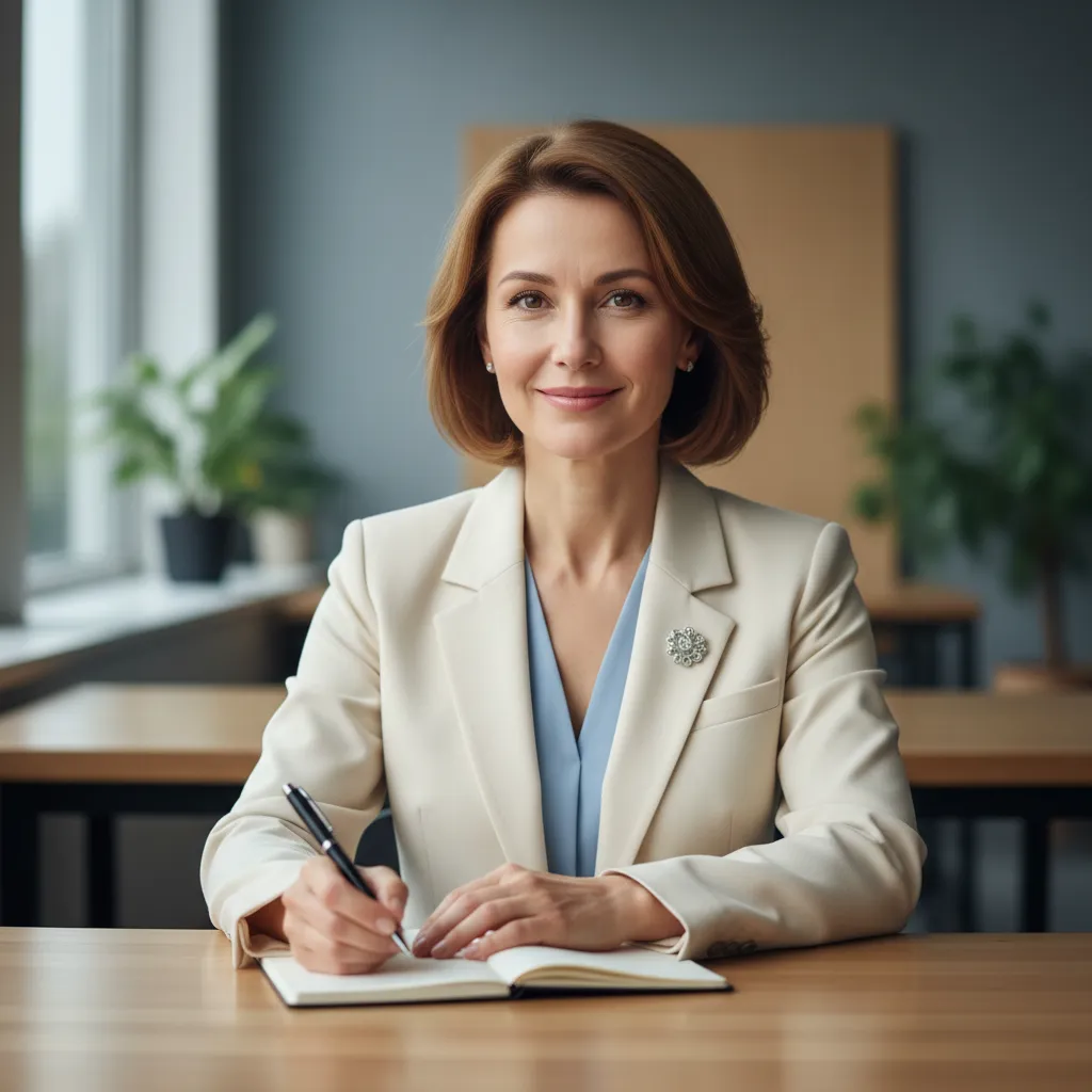 A friendly, middle-aged female insurance advisor with a welcoming smile, seated at a desk with a notepad and pen. The background is softly blurred, suggesting a professional yet approachable office environment.