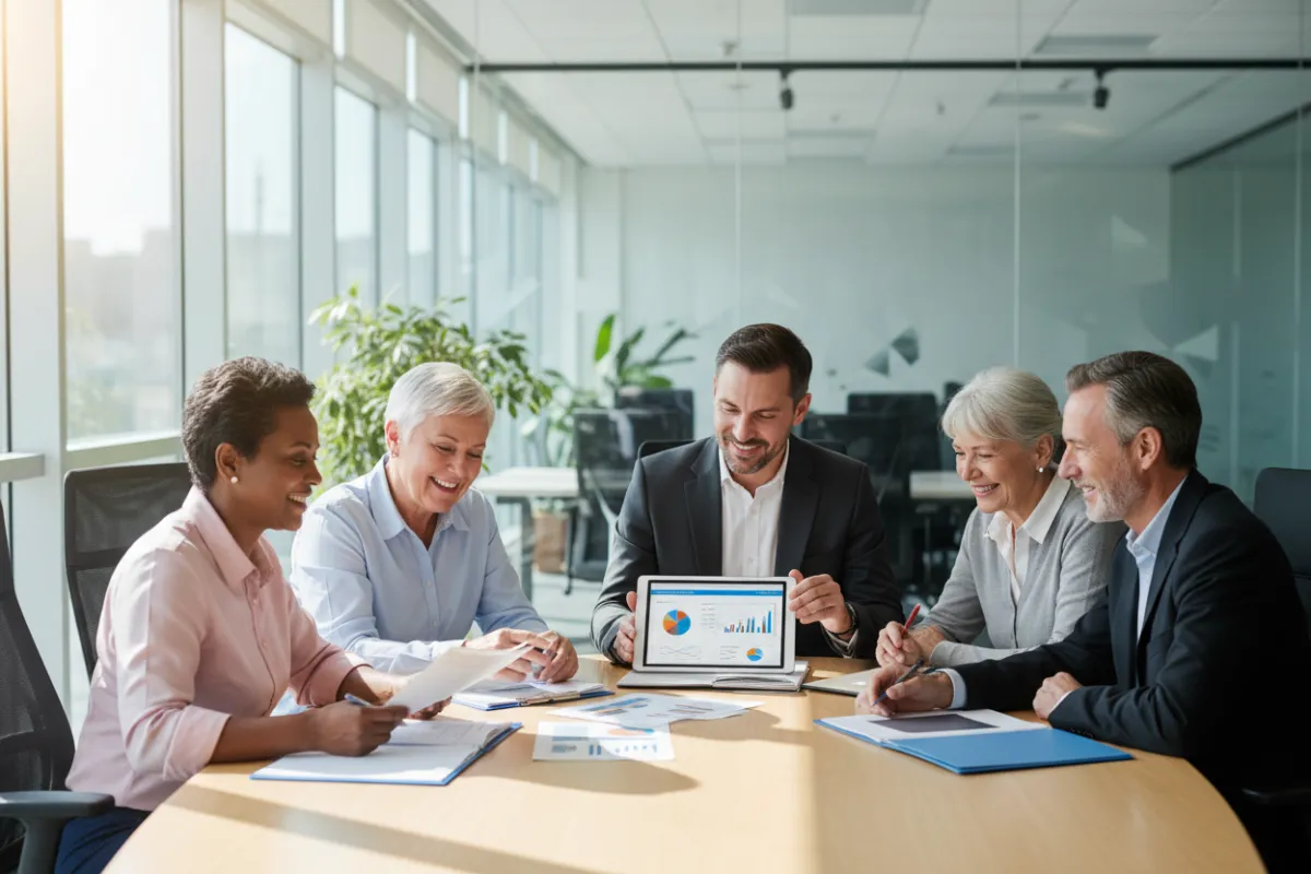 A diverse group of seniors and a professional insurance advisor discussing Medicare options in a bright, modern office. The group is smiling, with documents and a digital tablet on the table, conveying trust and clarity.