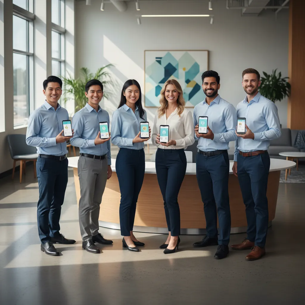 A cheerful, multi-ethnic team of insurance advisors standing together in a bright office, each holding a phone or tablet, ready to assist clients. The setting is modern and welcoming, emphasizing accessibility and support.