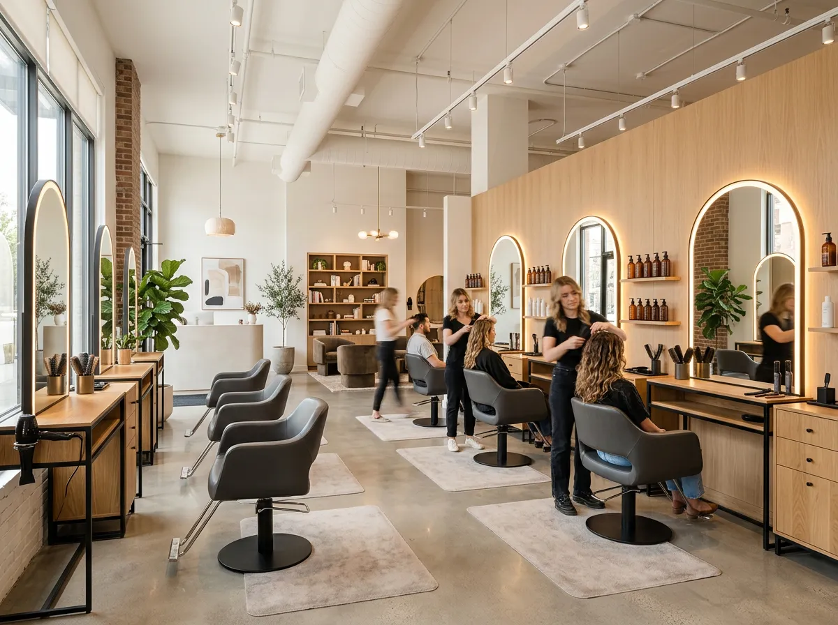 Modern hair salon interior with styling stations and mirrors