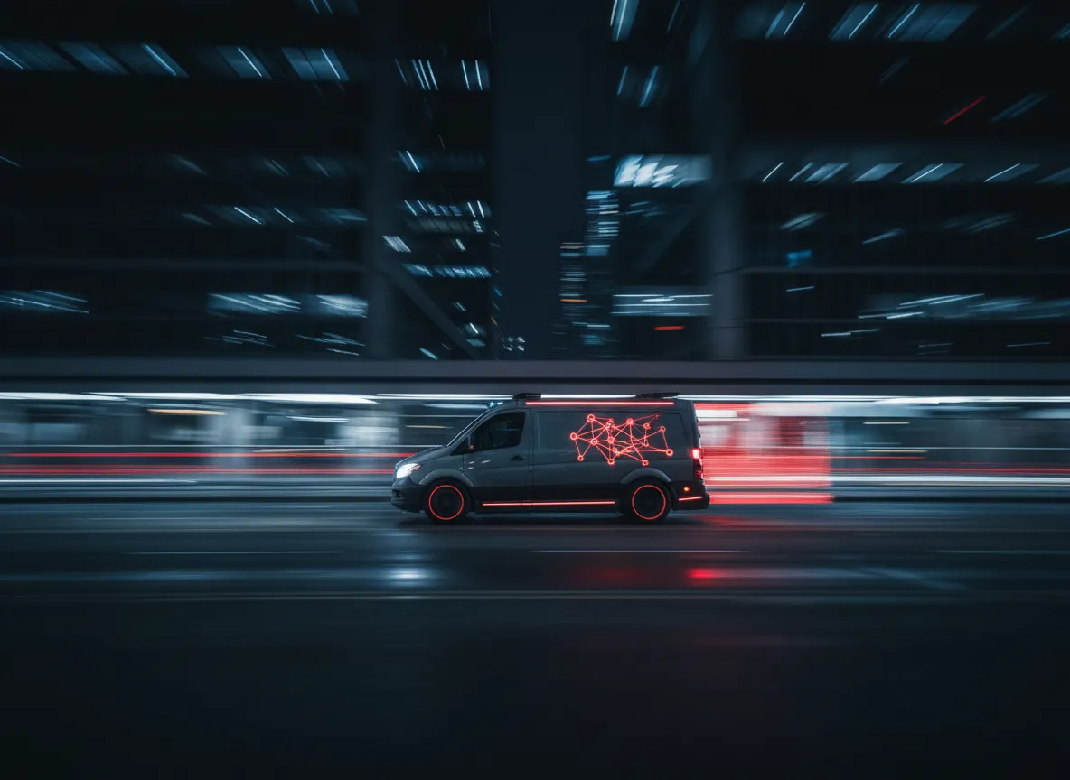 Courier van at night with city lights