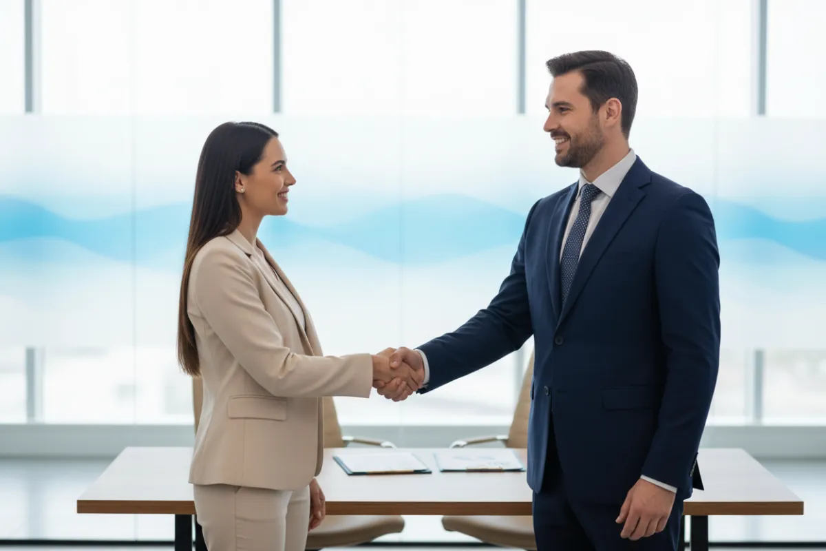 Confident mortgage loan officer shaking hands with a smiling client in a modern office, both appearing professional and optimistic. The background features subtle blue gradients, evoking trust and partnership. 3:2 aspect ratio.