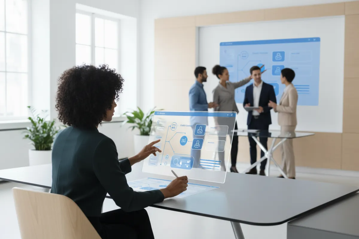 Mortgage professional reviewing a digital dashboard with credit repair integration, modern workspace, diverse team collaborating in background. 3:2 aspect ratio.