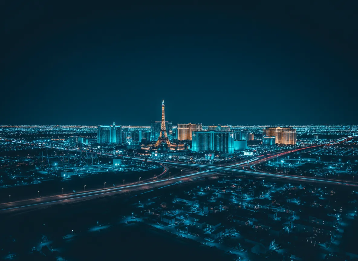 Bright Las Vegas Strip hotels and lights at night