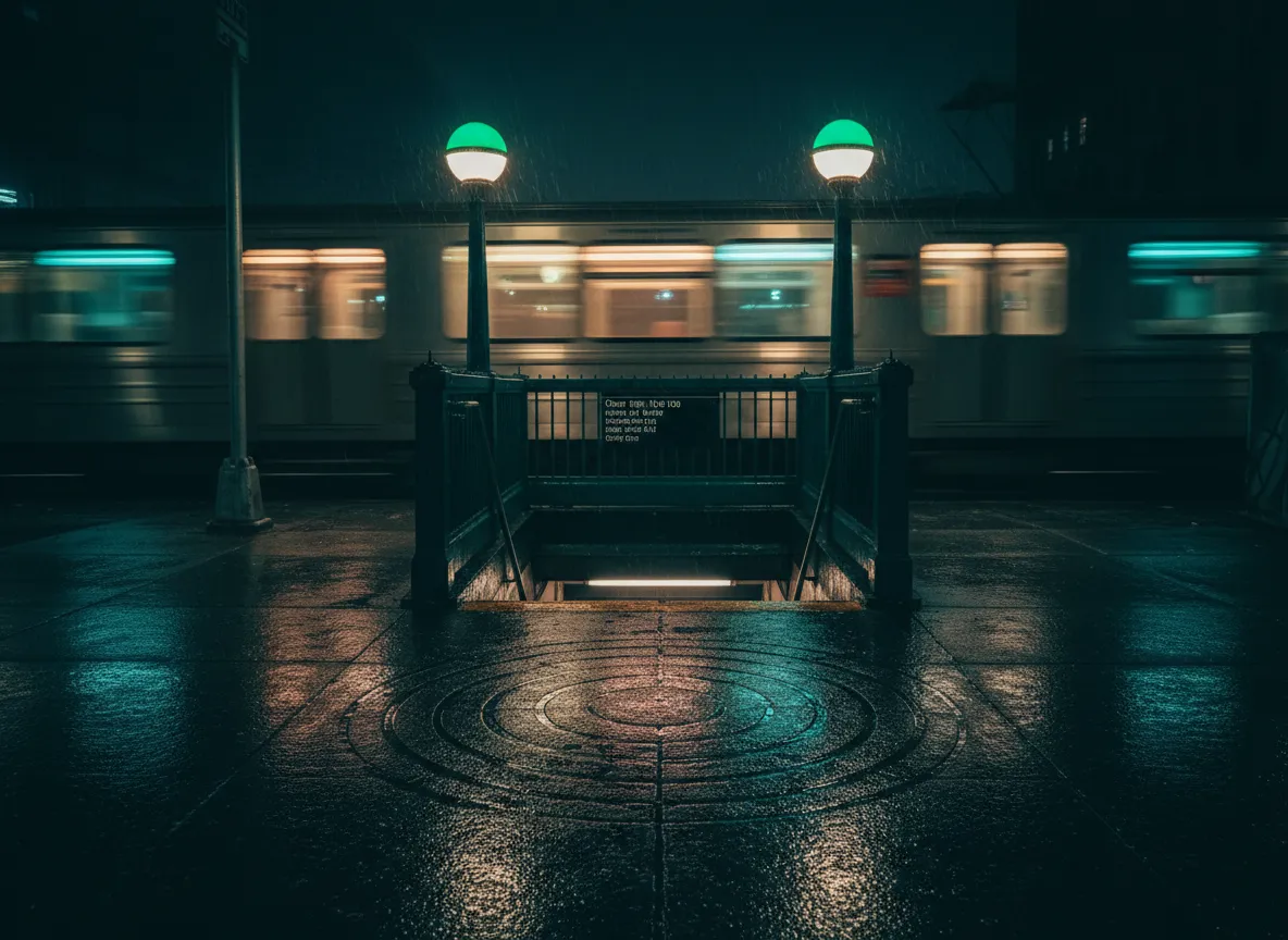 New York City subway entrance at night