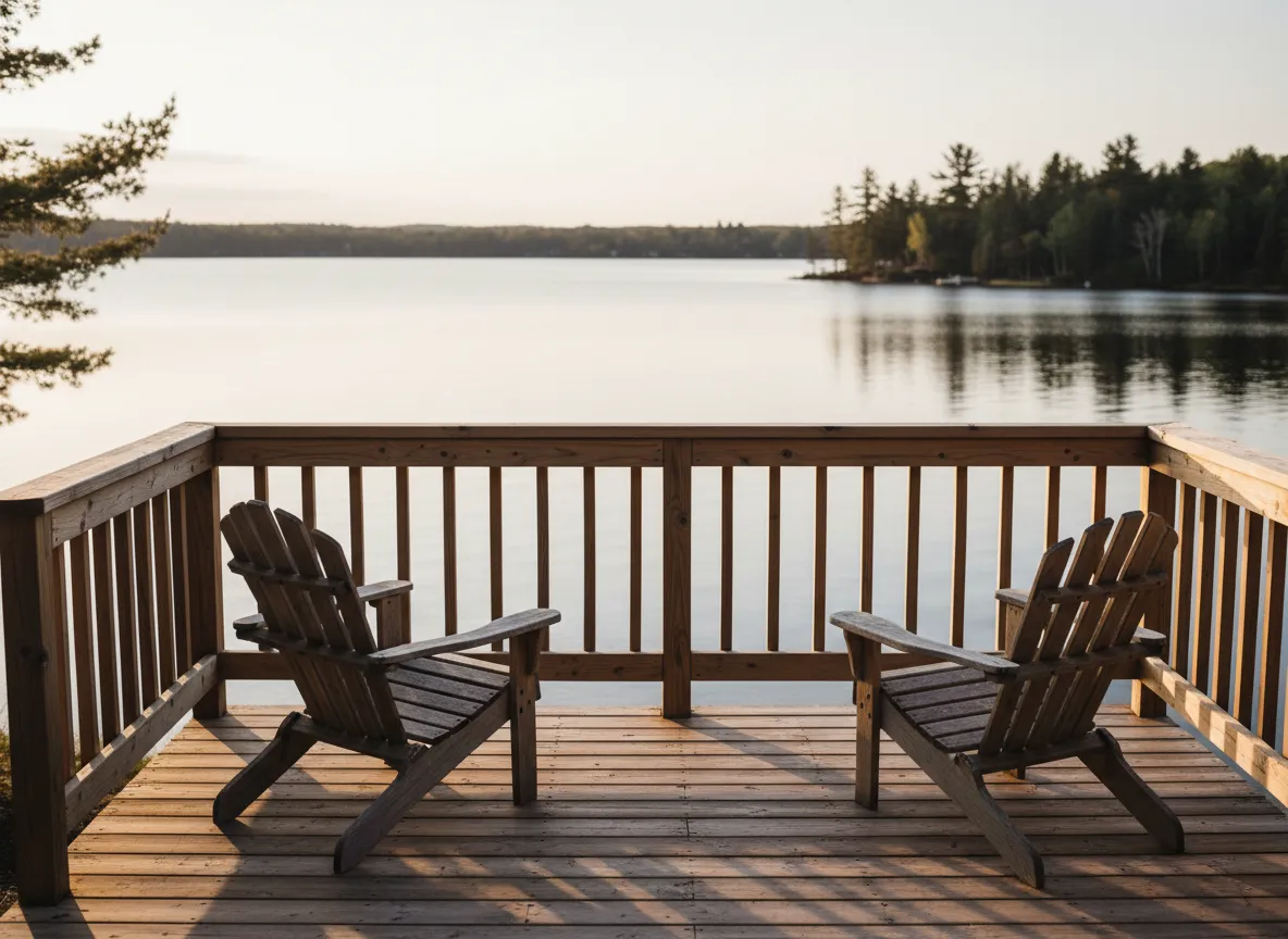 Soft view of a lakeside home with a deck and gentle water in Maine