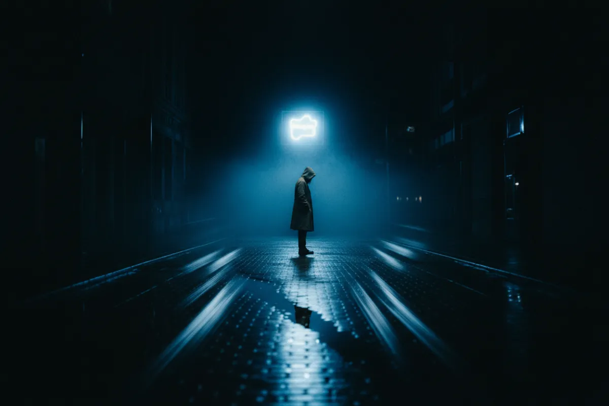 Blue-toned city street at night with a single figure under neon light
