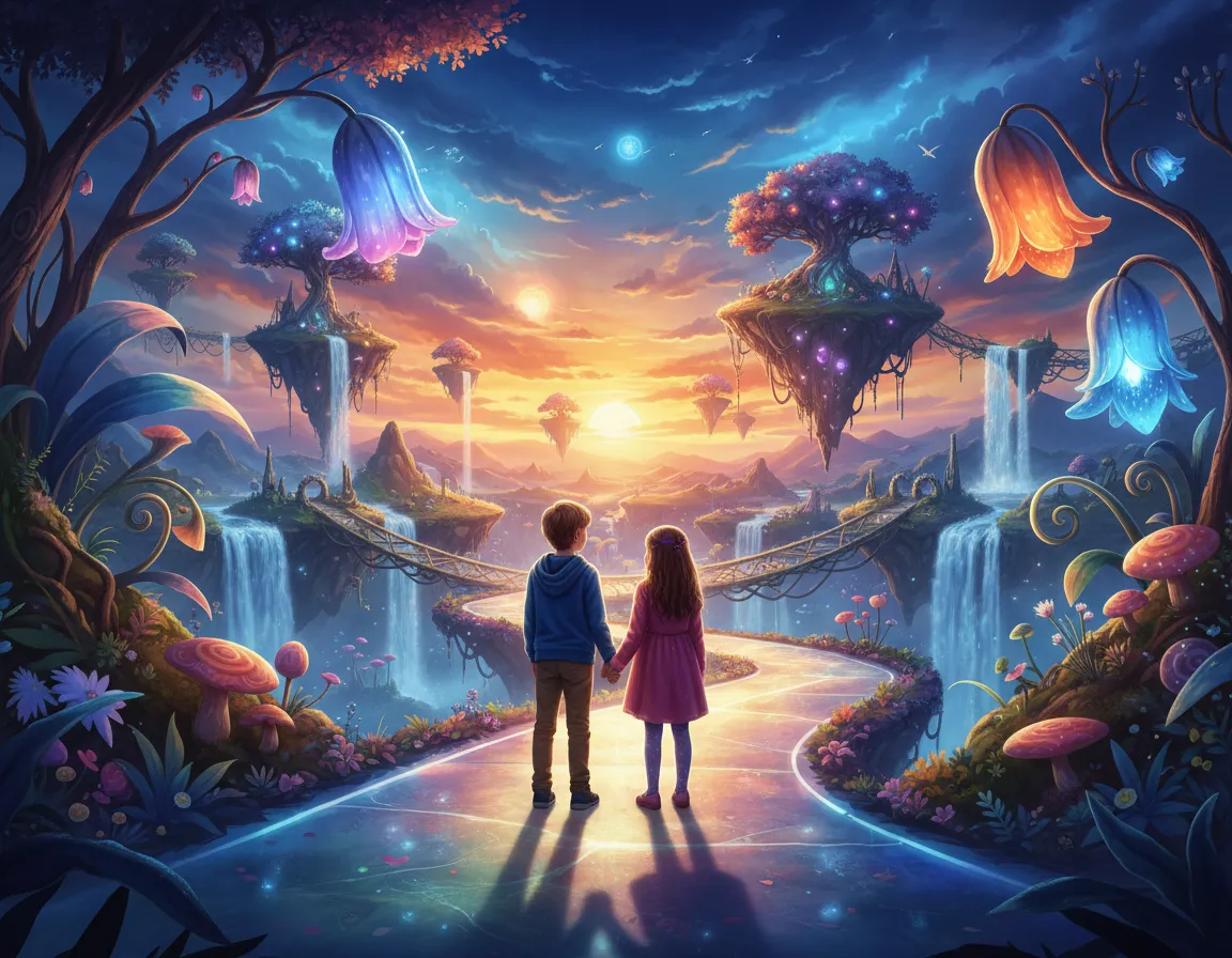 After image: kids composited into a colorful fantasy world
