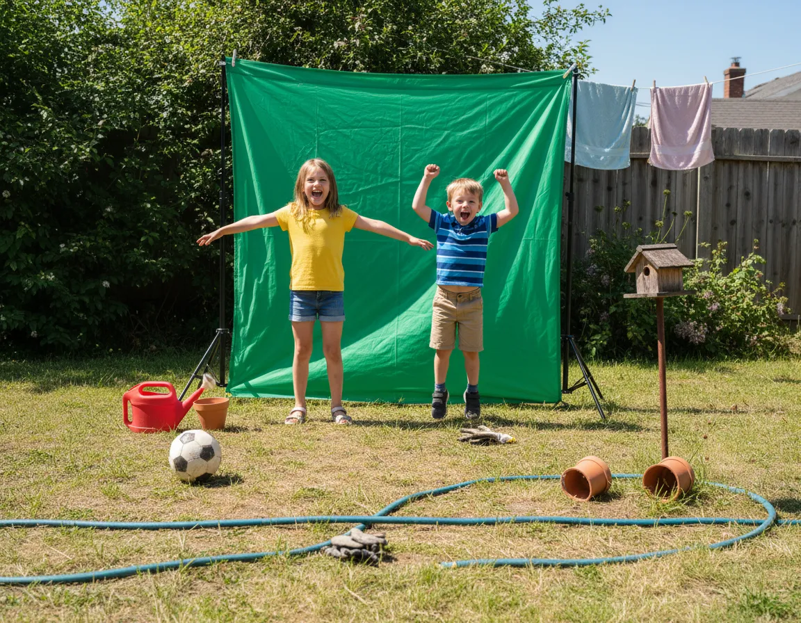 Before image: kids in front of a green screen outside