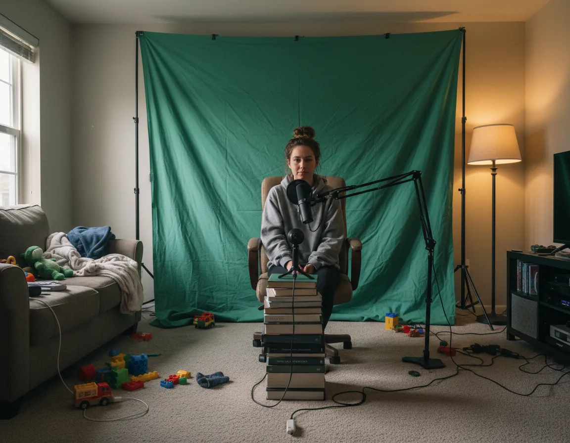 Before image: creator in front of green screen in a living room