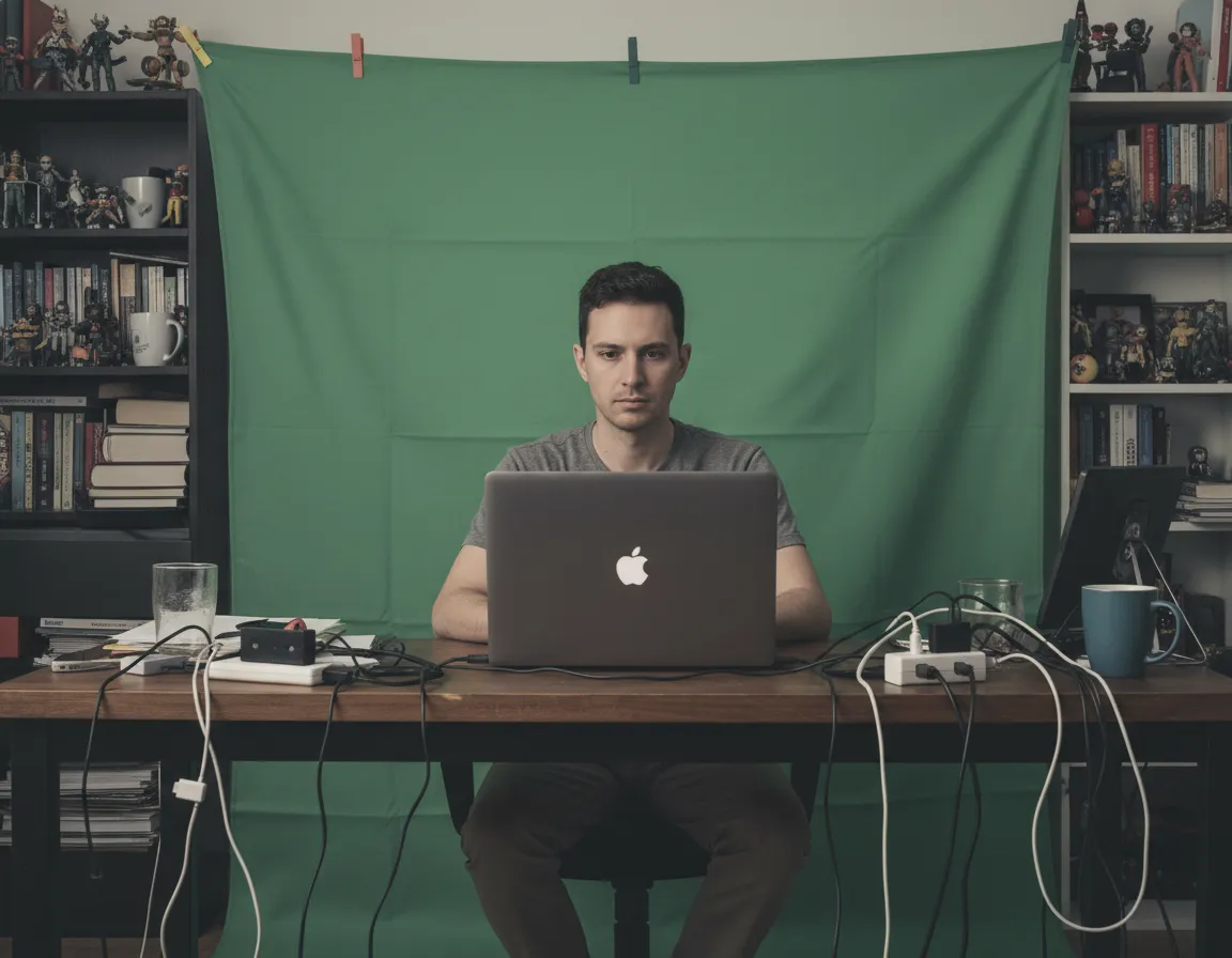 Before image: person in front of a green backdrop for video call