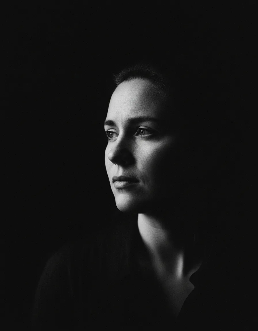 Black and white portrait with sharp side lighting and deep shadows