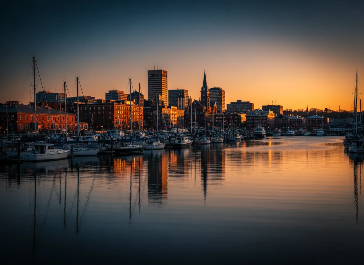 Portland, Maine harbor at sunset with city lights reflecting on the water.