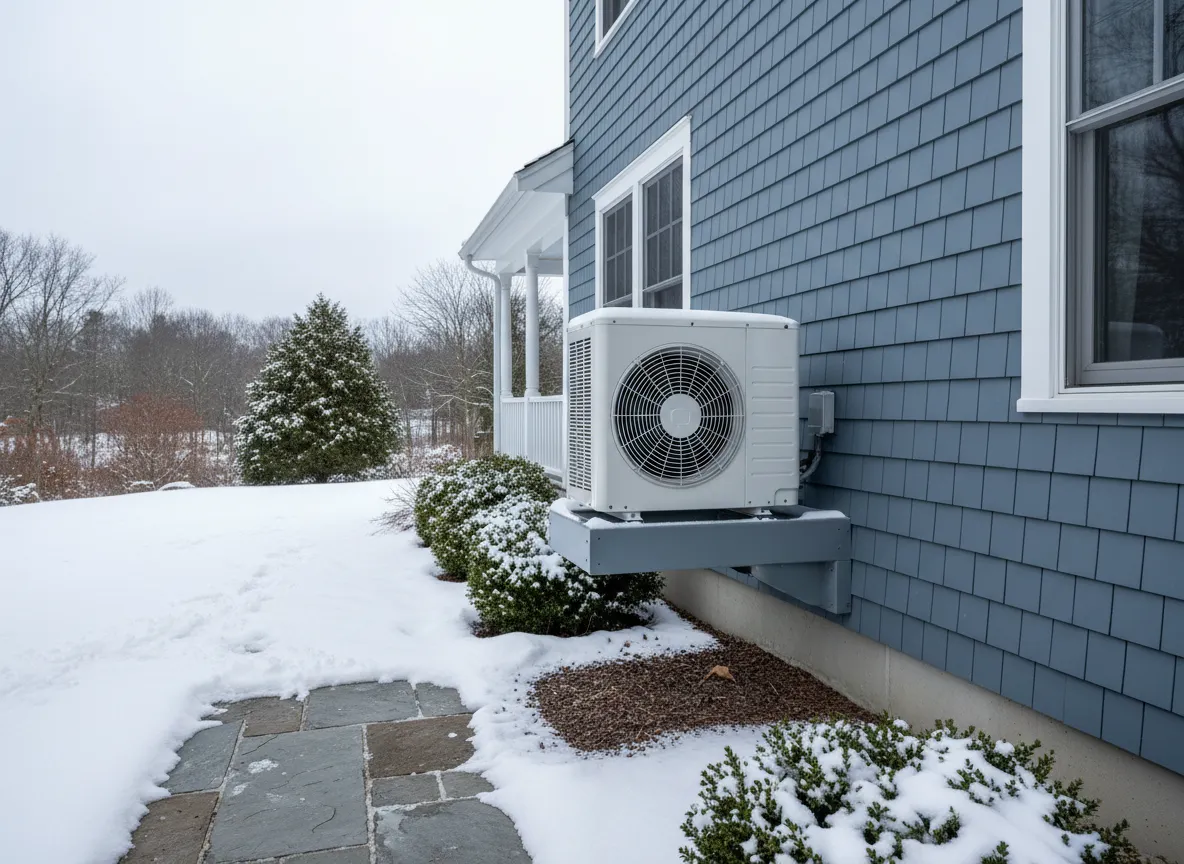 Modern heat pump installed on a Maine home exterior