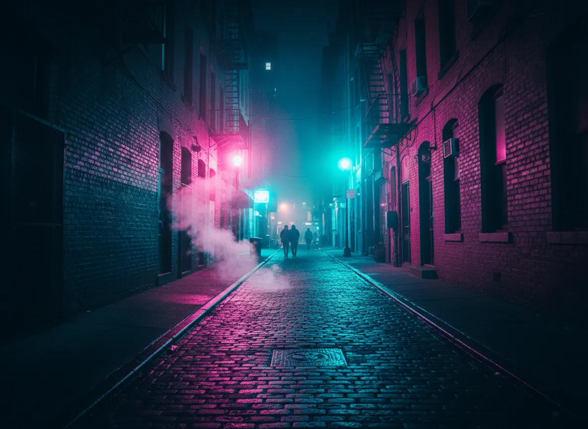 Moody New York City side street with neon light