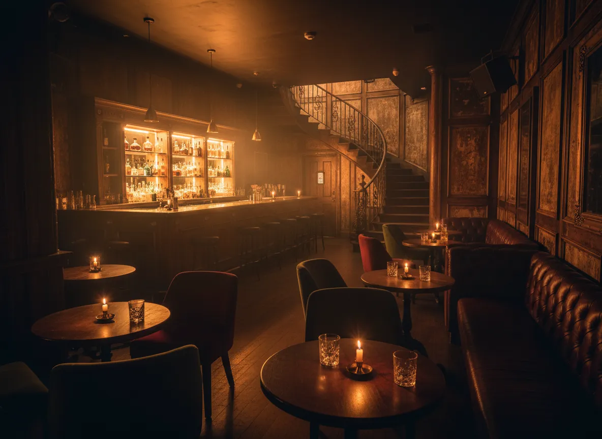 Dimly lit NYC speakeasy with glowing bar