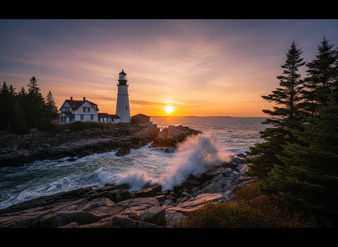 Classic Maine lighthouse on a rocky coastline at sunset near Portland.