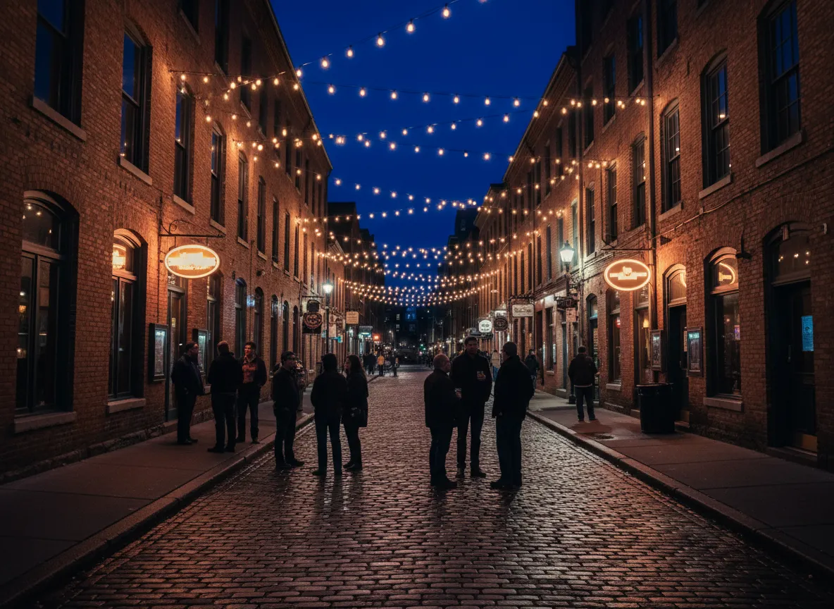 Nighttime street scene in Portland, Maine with bars and people outside.
