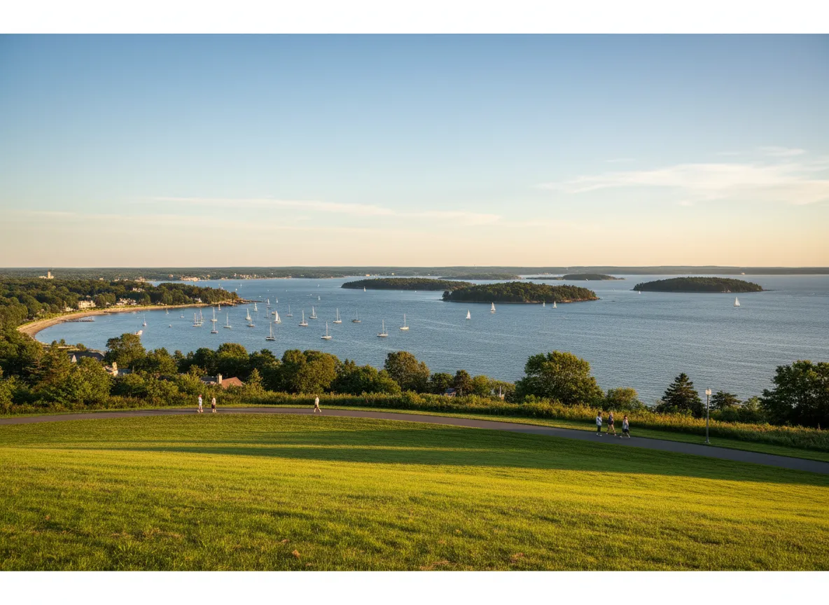 View of Casco Bay and islands from the Eastern Promenade in Portland, Maine.