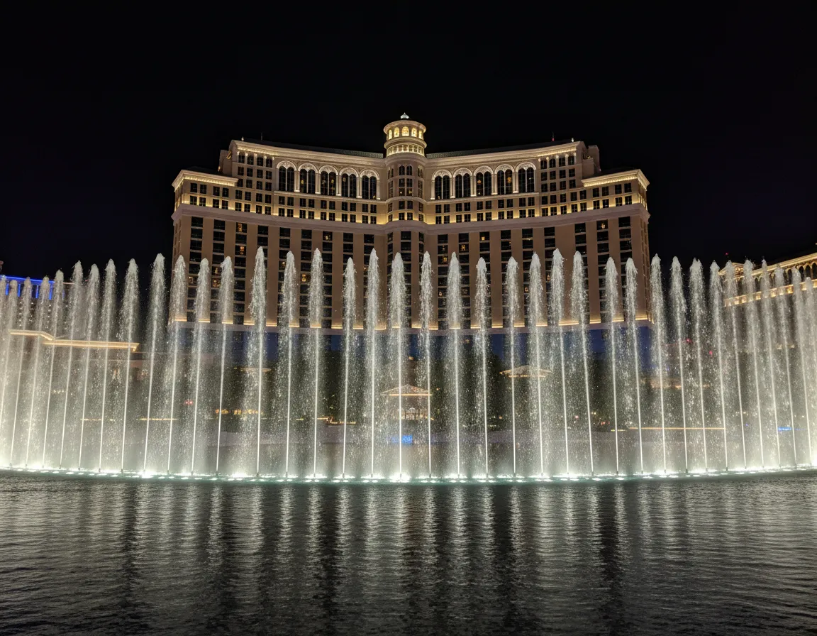 Bellagio fountains at night with lights